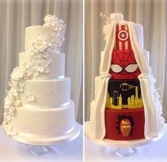 two wedding cakes decorated with superheros and spider - man on top, the cake is white