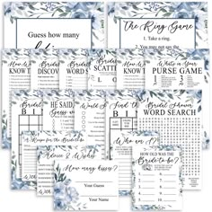 the printable wedding game is shown with blue flowers and greenery on it's sides