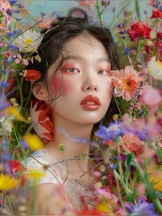 a woman with flowers in her hair is surrounded by wildflowers and daisies