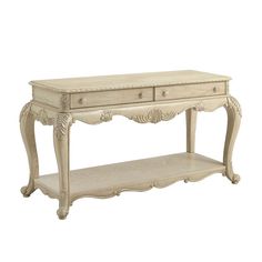 an antique style console table with two drawers on one side and a shelf at the top