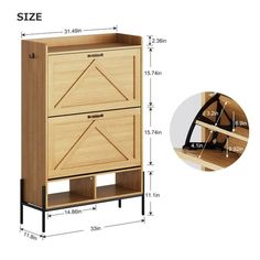 a wooden cabinet with two drawers next to it and measurements for the bottom shelf on each side