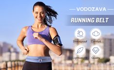 a woman running with her arm in the air and text that reads, vodova running belt