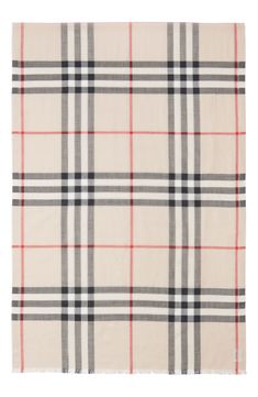 A gauzy, lightweight scarf is elegantly patterned with an oversized check print—breezy, versatile and stylish. 29" x 87"; 1/2" fringe. 51% wool, 49% silk. Dry clean. By Burberry; made in Italy. Personalized Burberry Scarf, Burnerry Cotton Scarf, Giant Check, Burberry Pattern, Lightweight Scarf, Silk Scarf, Burberry, Dry Clean, Nordstrom