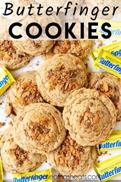 butterfingered cookies are stacked on top of each other with the words butterfingerer cookies above them