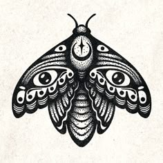 a black and white drawing of a moth with eyeballs on it's wings