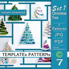 a set of seven christmas tree patterns for paper crafts with text overlaying the image