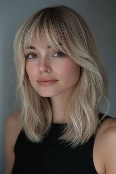 Medium Hair Styles Blonde, Blonde Haircut Bangs, Bangs No Layers, Bangs With Lob, Medium Length Blonde Hair With Bangs, Medium Hair With Fringe, Fine Hair Fringe, Mid Length Hair With Bangs And Layers, Medium Length Haircut For Fine Hair