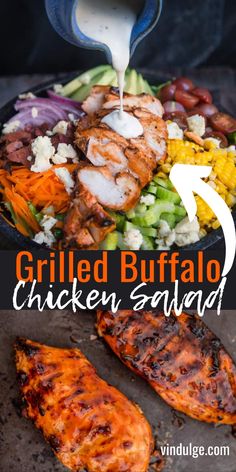 grilled buffalo chicken salad in a skillet with text overlay that reads grilled buffalo chicken salad