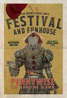 the poster for pennywisee's festival and funhouse is shown in red