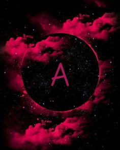 the letter a is surrounded by clouds and stars in this dark space with pink hues