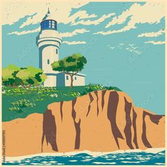 a lighthouse on top of a cliff near the ocean royalty - art illustration stock photo