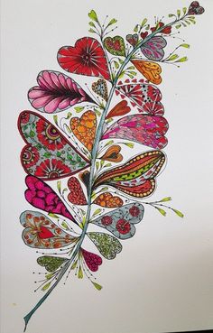 a drawing of a leaf with many different colors and designs on it's side