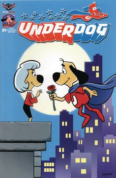 a cartoon dog is giving another dog a flower in front of a full moon with the words underdog written on it