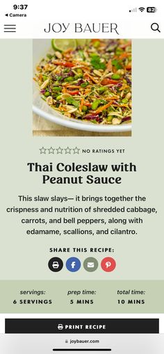 the website for joy bauer's thai coleslaw with peanut sauce