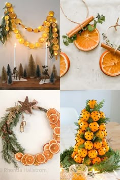 oranges and christmas decorations are arranged in four different pictures, including one for the centerpiece