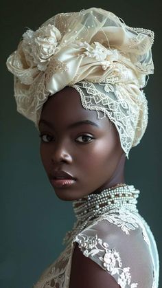 a woman wearing a white head wrap and pearls