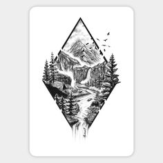 a black and white drawing of mountains with trees