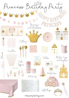 the princess birthday party is set up with pink, gold and white items for each girl