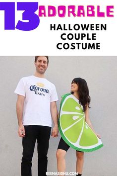 two people standing next to each other holding hands with the caption 13 adorable halloween couple costumes