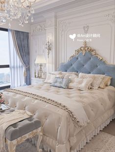 a large bed sitting in a bedroom next to a window with a chandelier