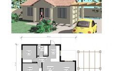 the floor plan for a small house with two rooms and one car parked in front