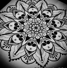 a black and white drawing of skulls in the shape of a flower with stars on it