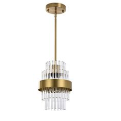 a brass chandelier with clear glass rods