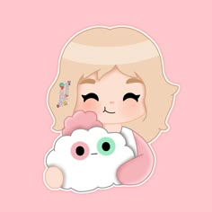 a girl holding a white sheep with green eyes and pink hair, on a pink background