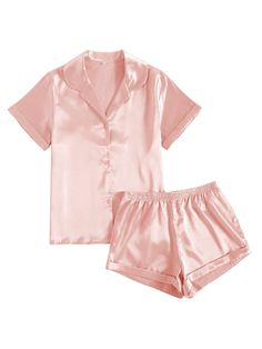 PRICES MAY VARY. Fabric: Made of satin material, skin-friendly, breathable, and soft fabric that takes care of your skin. Easy to put on and take off，keep you nice and comfortable all day. Features: Two piece satin pajamas set featuring with a pair of shorts, notch collar short sleeve shirt top.Comfy Pajama Set for a relaxing day or night.Women's summer loungewear pajamas set with shorts. Occasions: This silk pajama set for women is not only suitable for daily home wear, but also role-playing,pa Satin Pajamas Set, Satin Pjs, Silk Pjs, Summer Loungewear, Pink Pajama, Top With Shorts, Shorts Pajama Set, Cute Pjs, Pink Pajamas