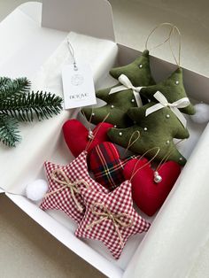 christmas tree ornaments in a box on a table