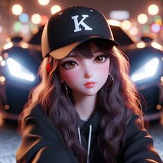 a girl with long hair wearing a baseball cap and black jacket in front of a car