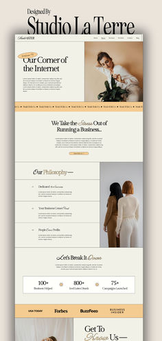 the website design for studio la terrare is shown in yellow and white, as well as