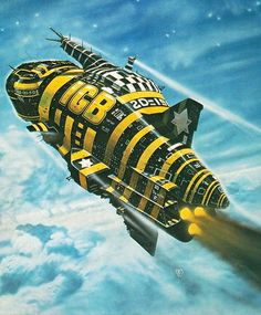 a painting of a yellow and black jet flying through the sky