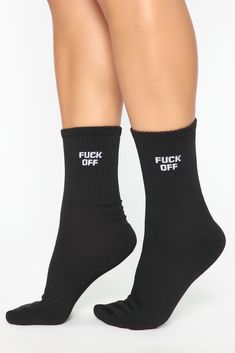 Available In Black/White Crew Socks Fuck Off Verbiage Ribbed Detail 90% Cotton 10% Spandex Imported | Fuck Off Socks in Black/White by Fashion Nova Cheer Camp Outfits, Festival Ootd, Camp Outfits, Cheer Camp, F Off, Black Thigh High, Punk Princess, Red Dress Style, Black Ankle Booties