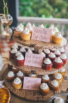 cupcakes are stacked on top of each other and labeled with vanilla cupcakes