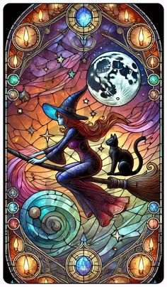 a stained glass window with a witch and her cat