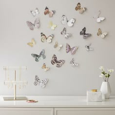 there are many butterflies on the wall and one is white with gold trimmings