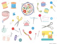 various sewing supplies are arranged on a white background with scissors, thread, and spools