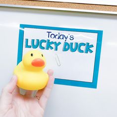 a person holding a rubber ducky toy in front of a sign that says today's lucky duck