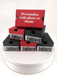 four red boxes stacked on top of each other with the words personalize with photo or theme