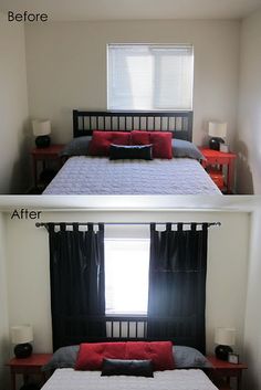 before and after photos of a bed with red pillows on it, then black curtains