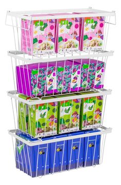 three tiered storage rack with plastic bins