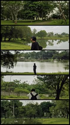 four different shots of people walking in the grass near water and trees, with one person sitting on a bench