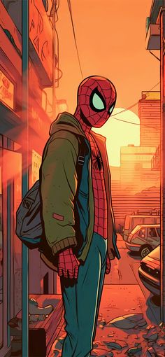 a spider - man is standing on the street in front of some buildings and cars