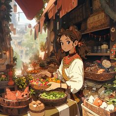 a woman standing in front of a market filled with fruits and vegetables