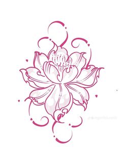 a drawing of a pink flower with swirls and hearts on the bottom half of it