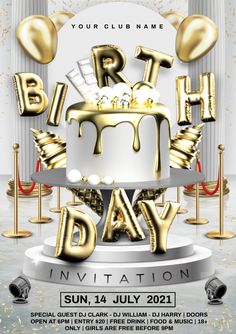 a birthday party flyer with gold balloons