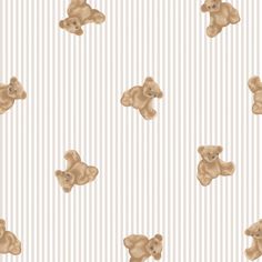 a brown teddy bear sitting on top of a white striped wallpaper covered in small bears