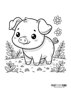 a cartoon pig standing in the grass with flowers