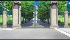 an animated image of a gated entrance to a park with trees and bushes in the background